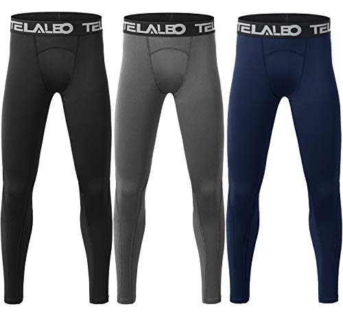 TELALEO 1/2/3 Pack Boys' Youth Compression Leggings Pants Tights Athletic  Base Layer for Running Hockey Basketball Black Grey Blue 3 Pack Small