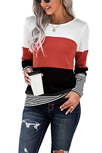 Womens Striped Long Sleeve T Shirts Color Block Comfy Casual Blouses Tunics  Tops Fashion Clothes 1-red Medium