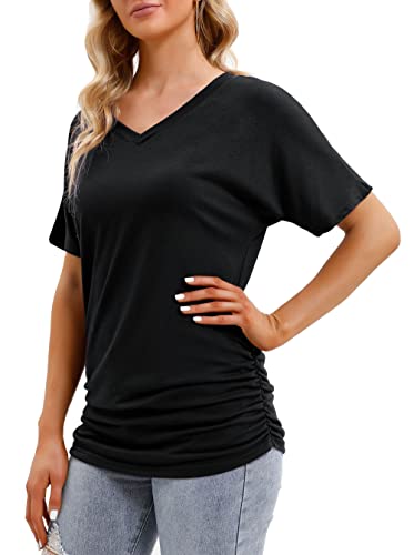Ewedoos V Neck T Shirts Women Ultra Soft Tshirts Cooling T Shirt for Women  Summer Tops T-Shirts Trendy Tops for Women Side Shirring Black X-Large