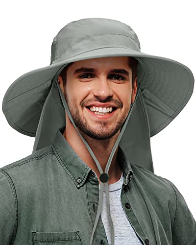 Mens Wide Brim Sun Hat with Neck Flap Fishing Safari Cap for Outdoor Hiking  Camping Gardening Lawn Field Work #1 Grey One Size