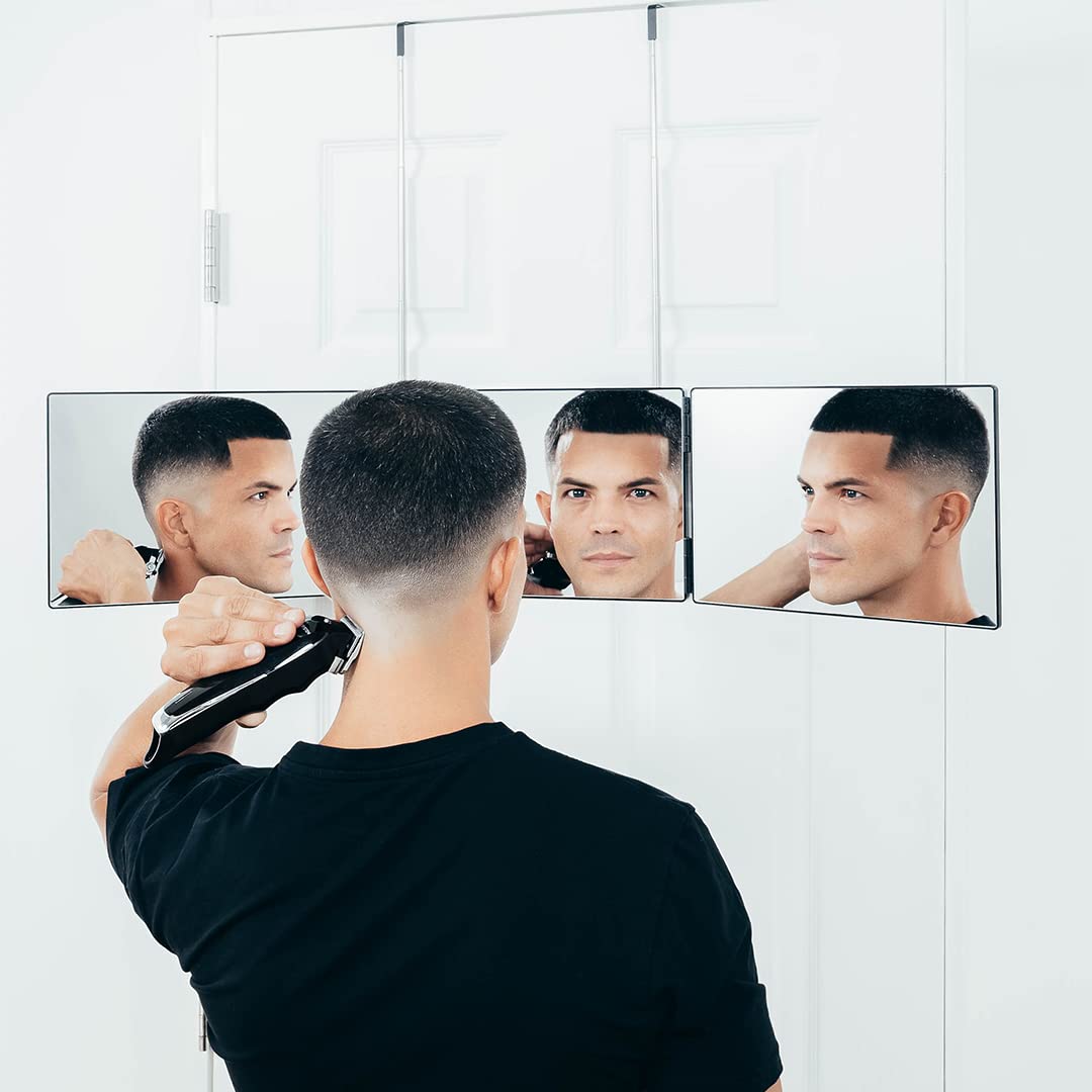 Self-Cut System Travel Version - Three Way Mirror for Self Hair Cutting  with Height Adjustable Telescoping Hooks and Free Educational Mobile App