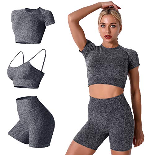 Women Seamless Yoga Outfits 2 Piece Workout Short Sleeve Crop Top