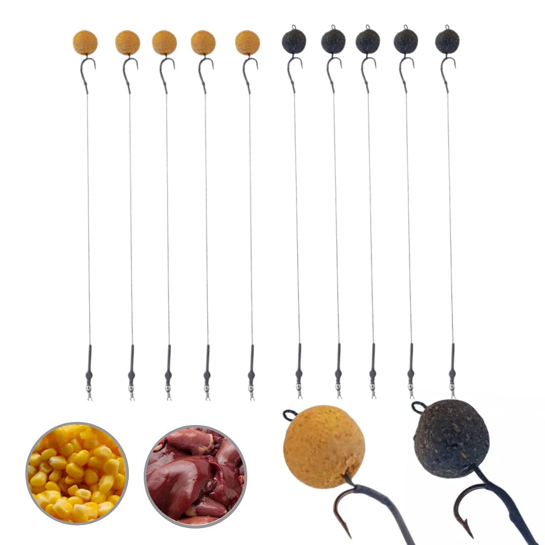 Damascus 10 Pcs Ready to Use Corn and Chicken Liver Carp Boilies Hair Rigs  for Fishing