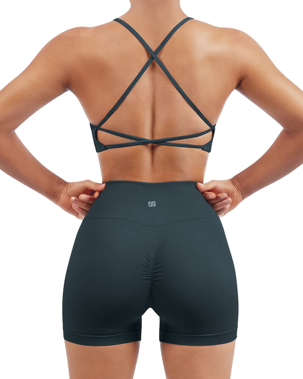 Women's Workout Outfits Yoga Set 2 Piece Seamless Ribbed Sports Bra Tight  Shorts Gym Suit