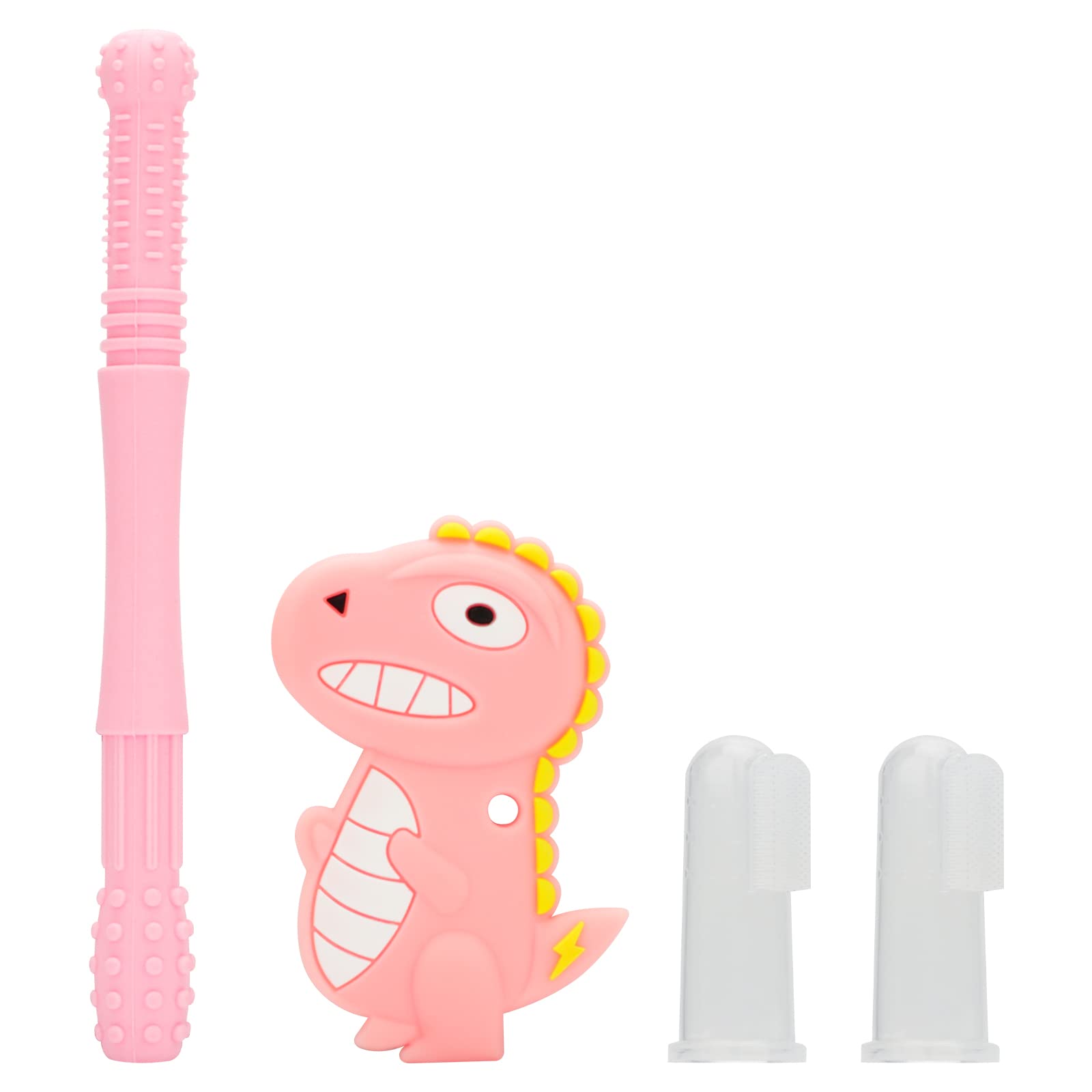 Baby Teething Tubes Toys for Newborn Infants Silicone Baby Teether Toy Tube  for 3-6 Months BPA Free Dinosaur Teether with 2Pcs Finger Toothbrush Boys &  Girls (Pink)