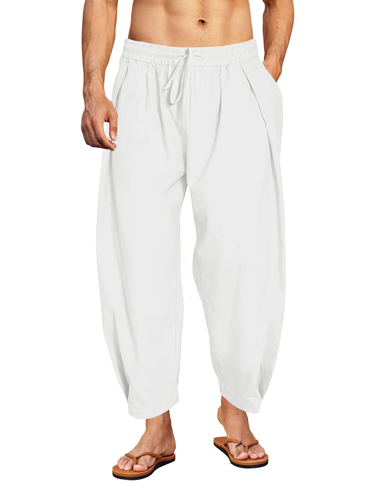 Men's Solid Color Casual Breathable Linen Multi Pocket Trousers white-S |  Mens linen pants, Type of pants, Straight trousers