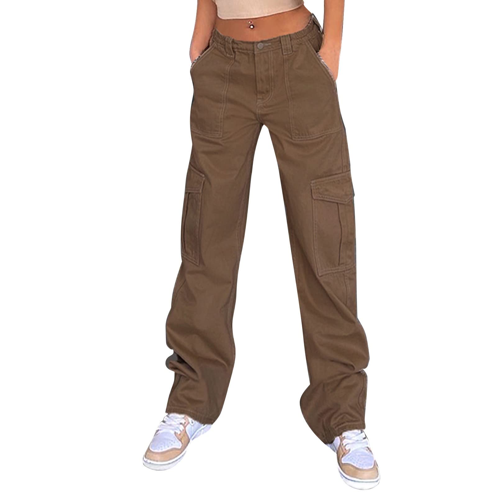 Women Loose High Waisted Cargo Pants Wide Leg Casual Pants  Casual Plus Size Trousers (Khaki, M) : Clothing, Shoes & Jewelry