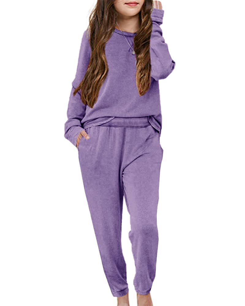 Apbondy Girls Pullover Sweatsuit Casual Sweatpants Loungewear Set Relaxed  Tracksuit Workout Sets Purple 11-12 Years
