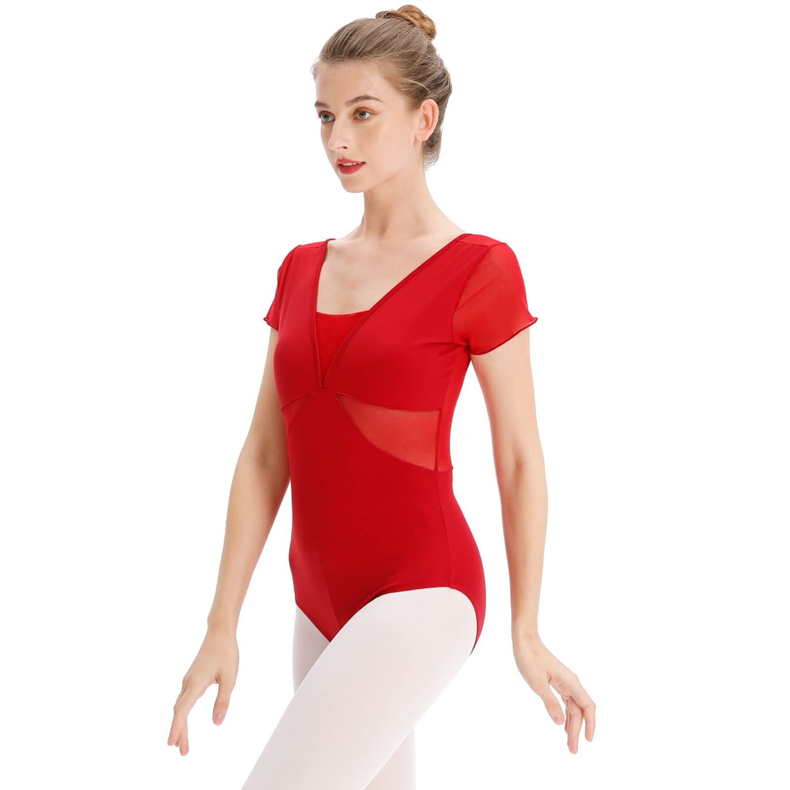 EASTBUDDY Ballet Leotards for Women Dance Leotard for Girls Short Sleeve  Bodysuit with Removeable Bra Small Red