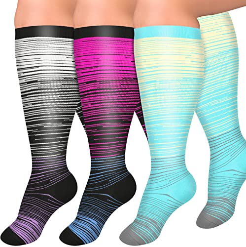Diu Life 3 Pairs Plus Size Compression Socks for Women and Men Wide Calf  20-30mmhg Extra Large Knee High Support for Circulation 02 Blue/Red/Gray  XX-Large