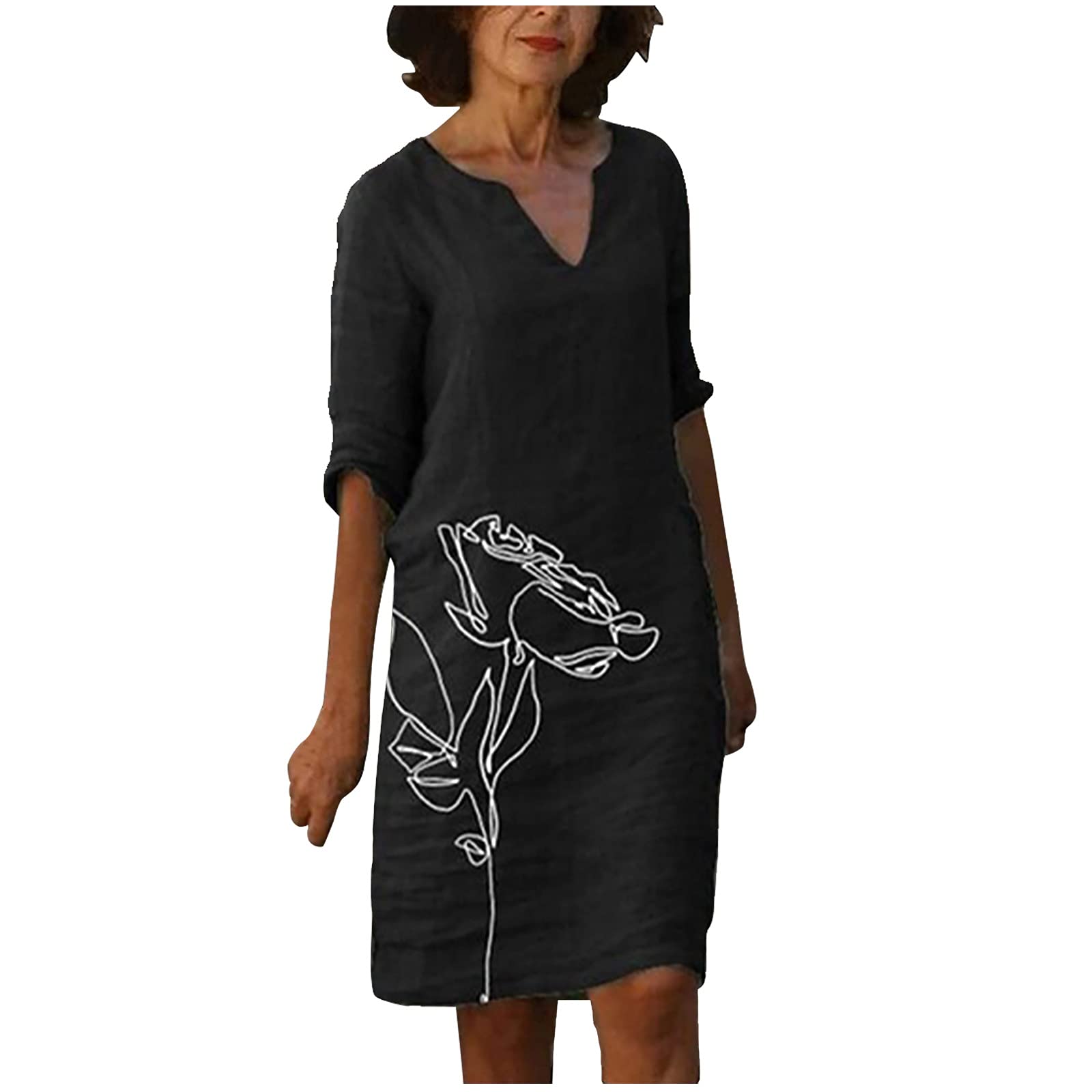 Linen V Neck Linen Shift Dress, 3/4 Sleeve, Relaxed Fit, Pockets 