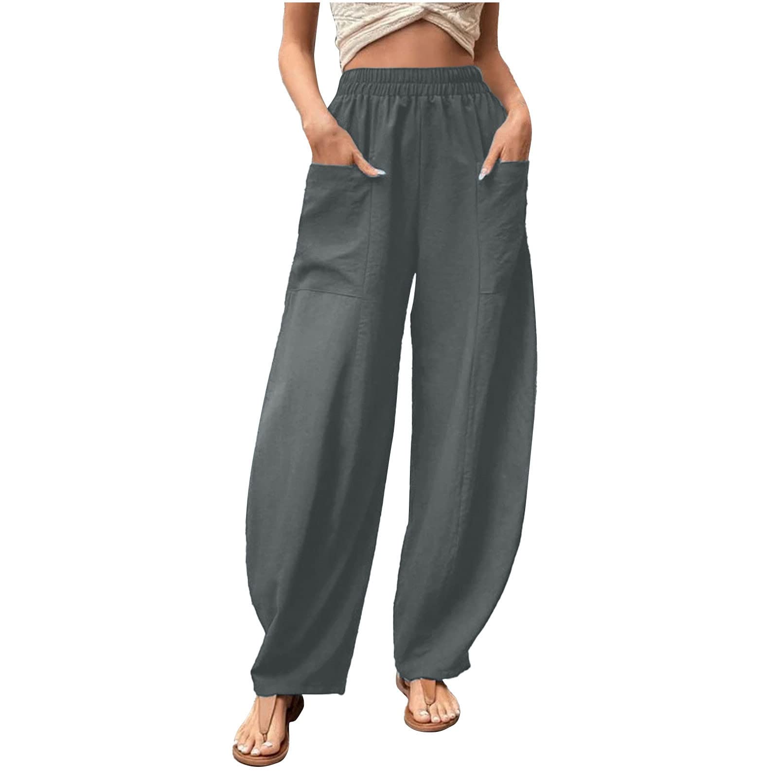 jsaierl Women Summer Pants Elastic Waist Wide Leg Loose Cotton Linen  Palazzo Pants Casual Comfy Long Pants Baggy Pocket Pants Gray Medium