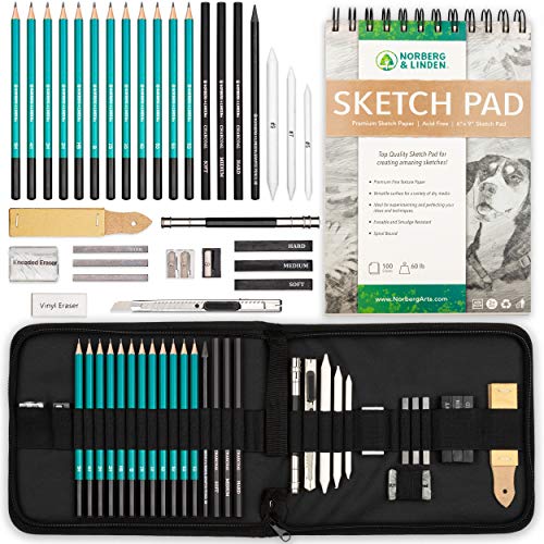 Norberg & Linden XL Drawing Set - Sketching Graphite and Charcoal Pencils.  Includes 100 Page Drawing Pad Kneaded Eraser Blending Stump. Art Kit and  Supplies for Kids Teens and Adults.