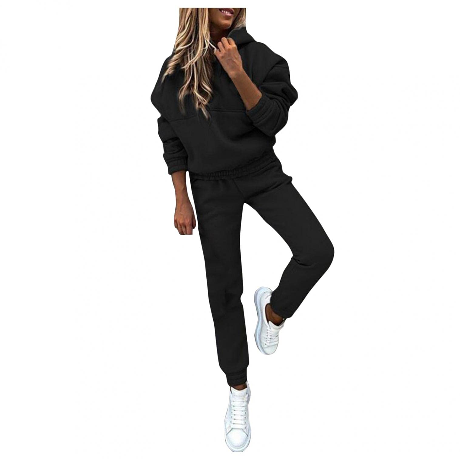 Two Piece Outfits for Women Solid Color Sweatsuits Sets 2 Pieces Jogger Sets  with Pockets Long Sleeve Jogging Sweat Suit 