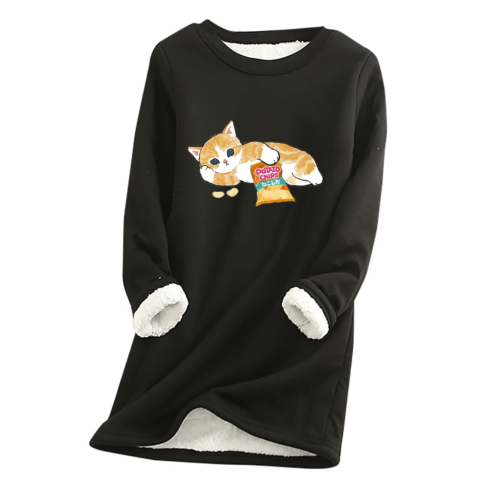 Women Fashion Sweatshirt Cute Cat Printed Thick Fleece Sweatshirt O-Neck  Warm Women t Shirts Loose fit Graphic Black XX-Large