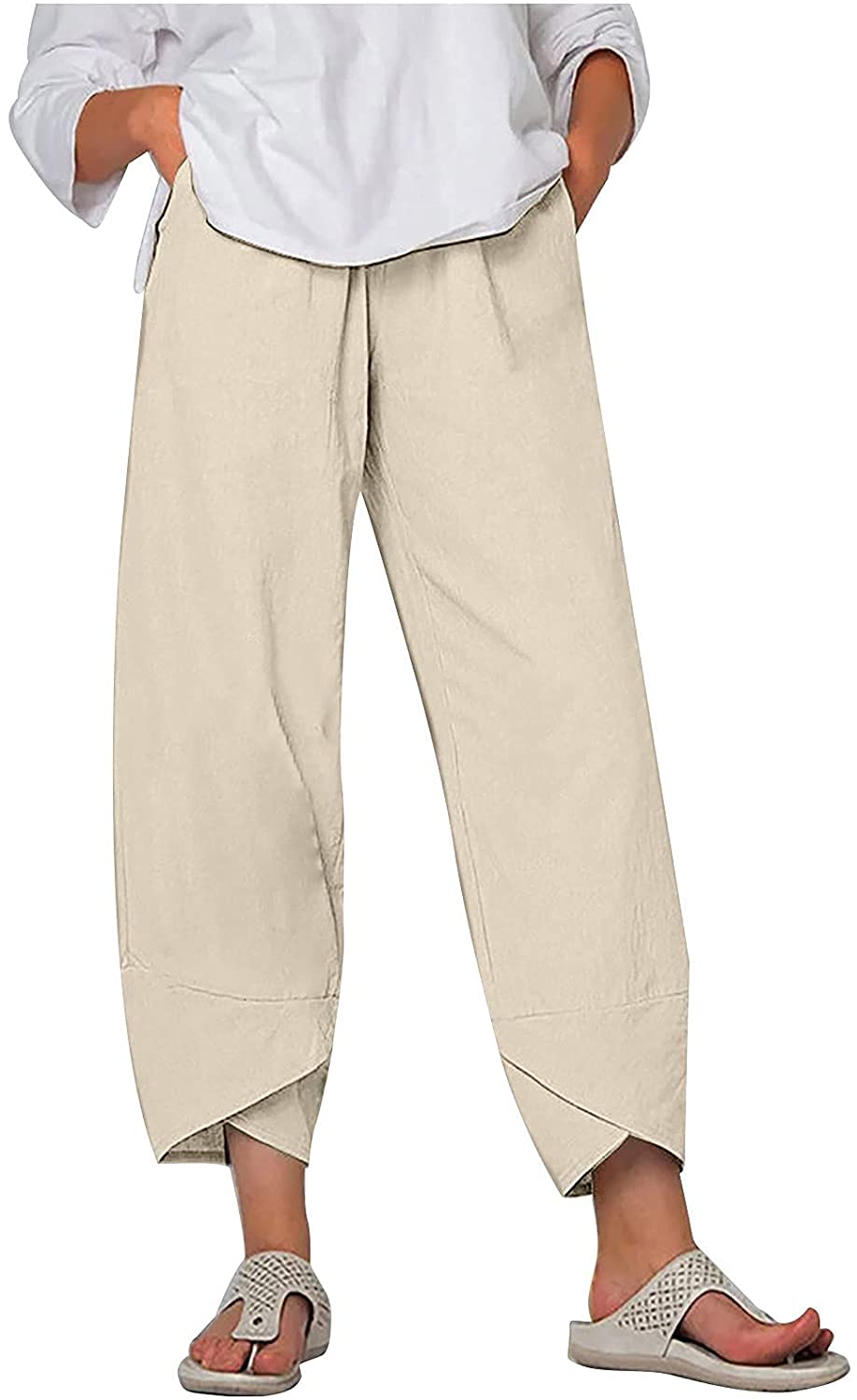 Capri Pants for Women Casual Summer Cotton Linen Pants Loose Elastic Waist  Capris Trousers Tapered Cropped Pants Pockets 