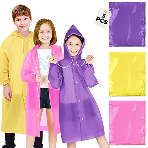 BFONS 3Pack Rain Ponchos for Kids Reusable 3 Colors EVA Raincoats for Boys  Girls with Drawstring Hood and Sleeves Waterproof Rain Coats Perfect for  Camping Hiking & Travel Outdoor Accessories