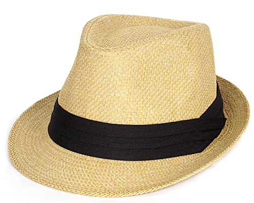 FADACHY Summer Straw Fedora Hat Short Brim Panama Sun Hat Trilby Beach Hat  for Men & Women Medium A-khaki-01