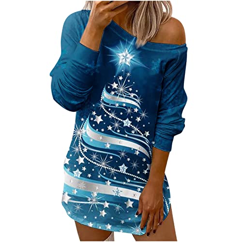 Christmas Shirts for Women Slant Collar Hollow Printed Blouse Tees Sexy Off  The Shoulder Long Sleeve Pullover Tops XX-Large Blue