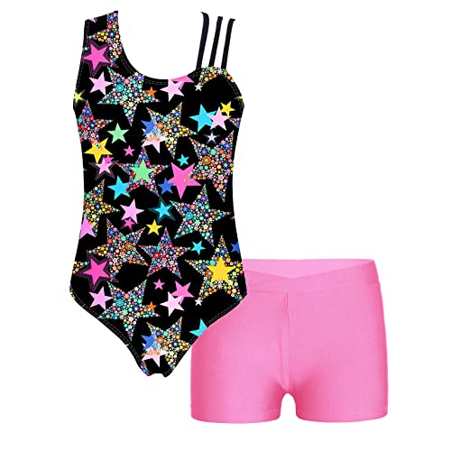 MSemis Athletic 2 Pcs Gymnastics Leotard Shorts for Girls One Piece Ballet  Dance Top with Booty Shorts Starry Black 6 Years