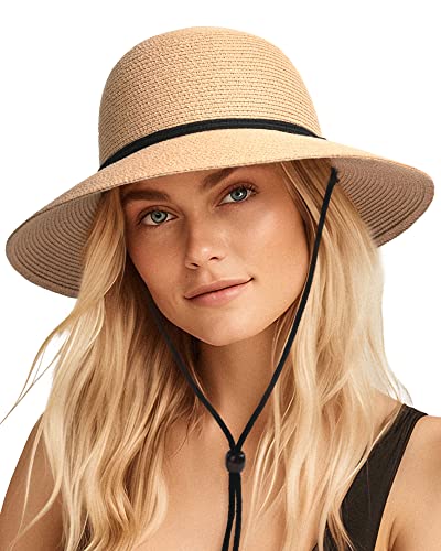 FURTALK Womens Wide Brim Sun Hat with Wind Lanyard UPF Summer Straw Sun Hats  for Women Khaki Medium-Large