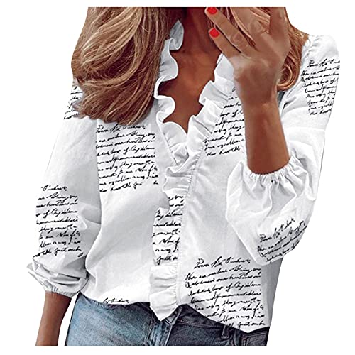 TUNUSKAT White Shirts For Women Fashion Letter Print Ruffle Tops Dressy  Casual V Neck Long Sleeve Blouse