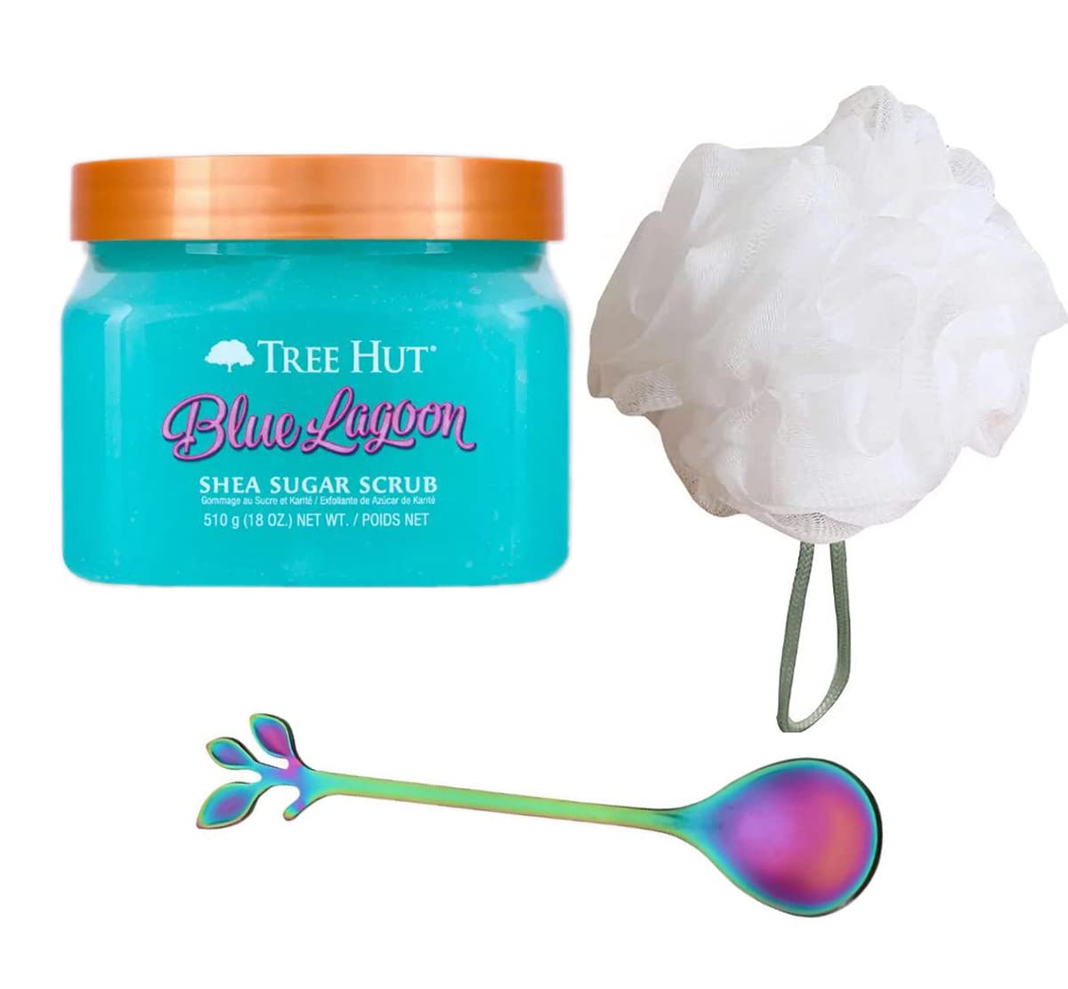 Tree Hut Blue Lagoon Shea Sugar Scrub Set 18oz Body Scrub With Loofah And Spoon Hydrating 4820