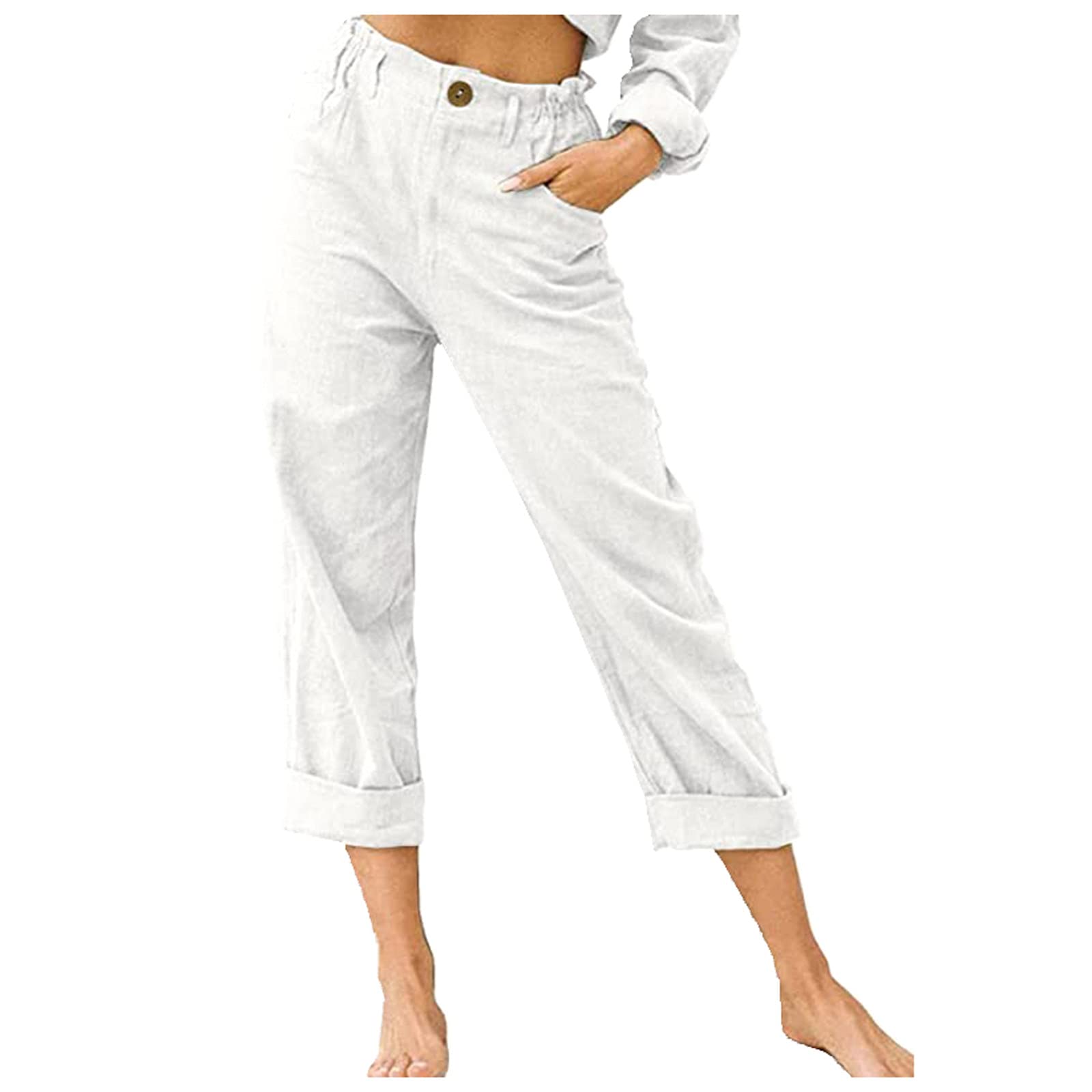  Crop Linen Pants for Women Womens Elastic High Waist