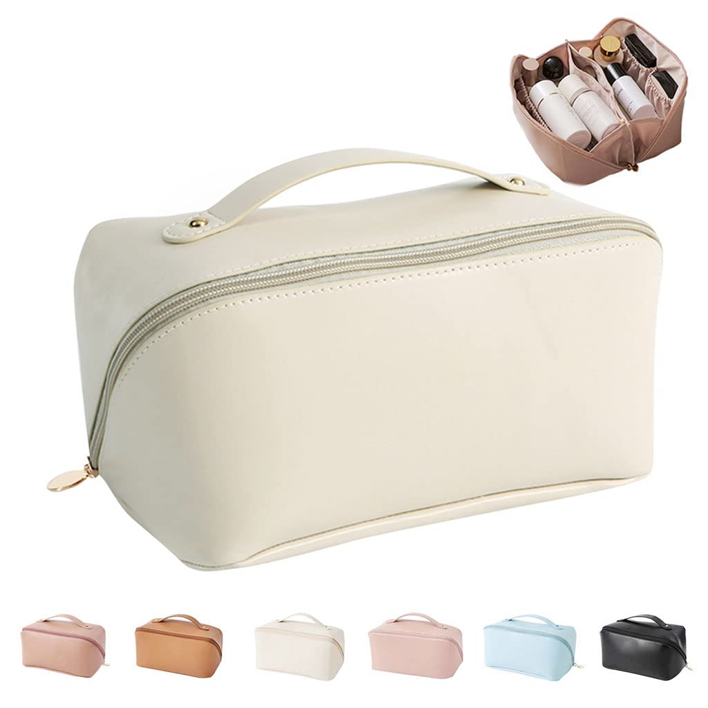 Large Travel Makeup Bag for Women, Portable Cosmetic Bag with Handle and  Divider, PU Leather Waterproof Makeup Organizer Bag, Bottom-Sewed Travel Toiletry  Bag, Multifunctional Make up Bag (Brown) : : Beauty 