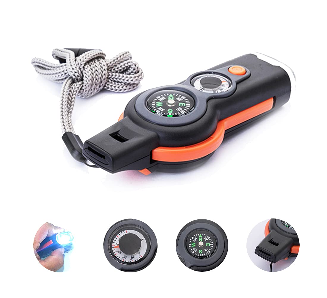 7 in 1 Emergency Survival Camping Hiking Whistle Compass Thermometer LED