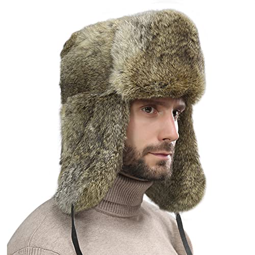 Clobeau Men's Faux Fur Trapper Hat Trooper Trapper Hat Warm Winter Hats  Hunting Hat Ear Flaps Snow Ski Cycling Caps Brown