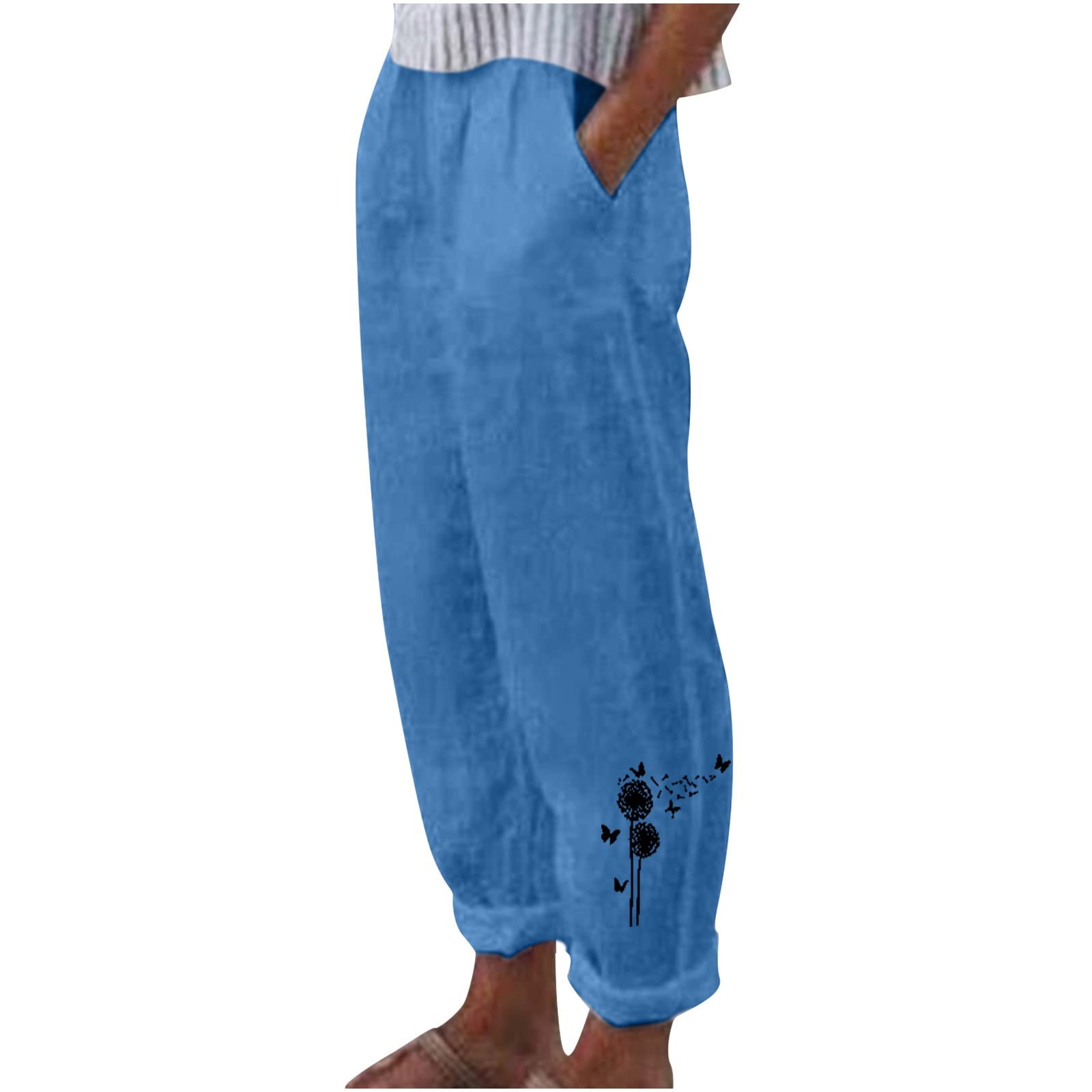 Apendorf Women Linen Pants Baggy Beach Wear Hippie Pants Preppy Pants Wide  Leg Floral Pattern Casual Slacks Summer Clothes 5-blue Large