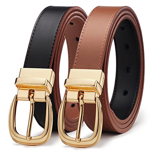Womens Leather Belt, CR Reversible Belt for Women with Rotated Gold Buckle,  1.1 Width Casual Womens Belts for Jeans Pants Black+burnt Orange 35-37 ( Fits Pants 12-14 )