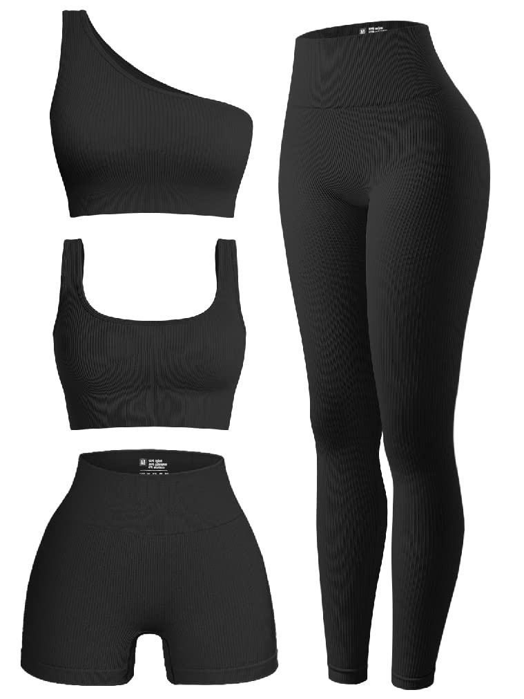 OQQ Womens 4 Piece Ribbed Exercise Scoop Neck Sports One Shoulder High  Waist Legging Active Set Shorts Bra Outfit