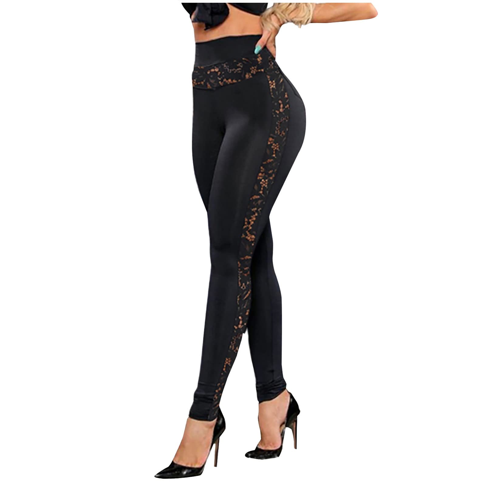 BFAFEN Workout Leggings for Women with Pockets High Waisted Butt Lifting  Yoga Pants Mesh Lace Patchwork Pants Black Large