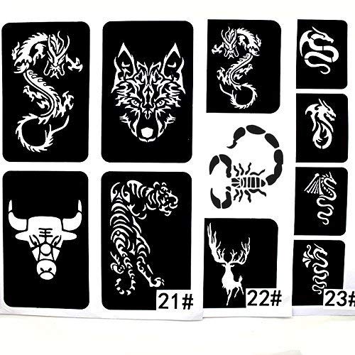 Xmasir 3 Sheet 22Pcs Cool Drawing Glitter Tattoo Stencil for Men Wolf  Dragon Tiger Skull Animal Airbrush Stencils & Templates