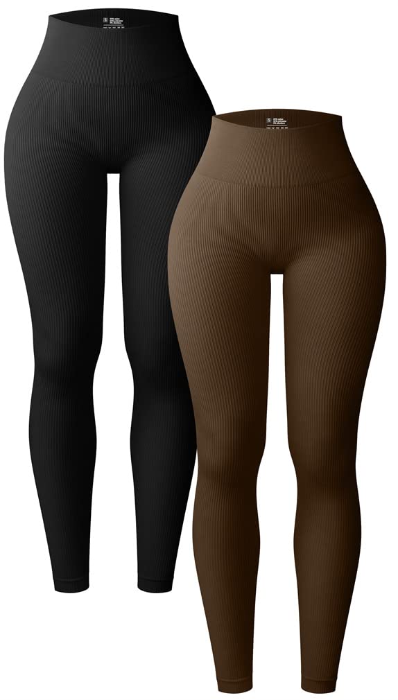  Womens 2 Piece Yoga Pants Ribbed Seamless Workout High Waist  Athletic Straight Leg Leggings Black Darkbrown