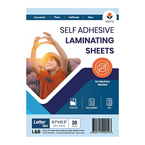 Self Stick Laminating Sheets 8.5 x 11 Inches, 4mil, Pack of 20, No Heat, No  M