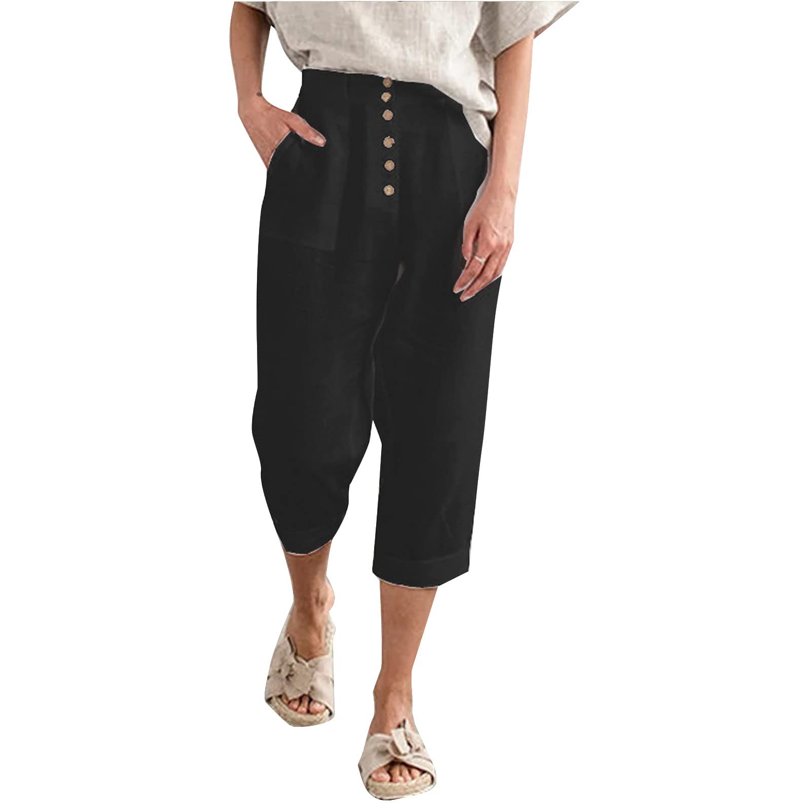 Cotton Linen Womens Capris Pants With Elastic Waist And Pockets