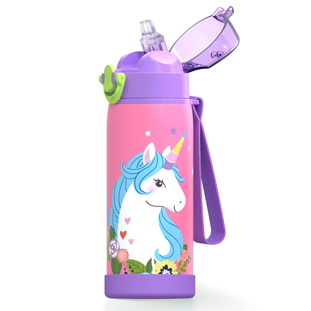 XccMe Kids Water Bottle Stainless Steel Kid Water Bottle 16oz Kids  Insulated Water Bottle Kids Metal water bottle Kids Water Bottle for School  with Straw Lid Silicone Boot for boy girl(Unicorn)