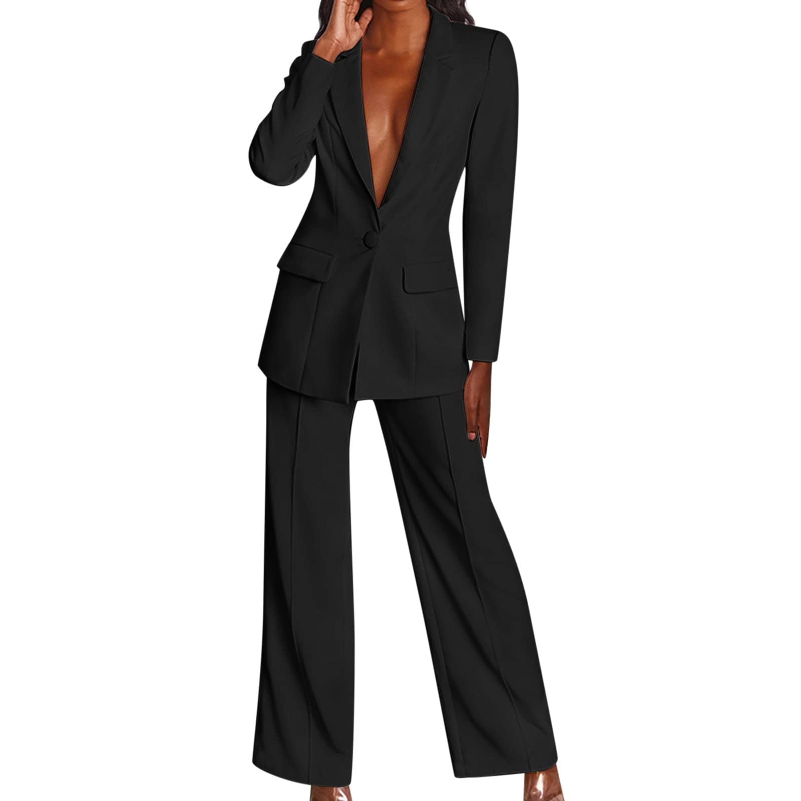 Women's Casual Solid Long Sleeve Suits Button Coat High Waist Long Pant Two  Piece Set Fall Fashion Women Black XX-Large
