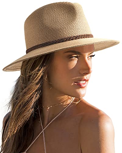 Womens Panama Straw Hat Wide Brim Summer Beach Sun Foldable Cap Fedora UPF  50+