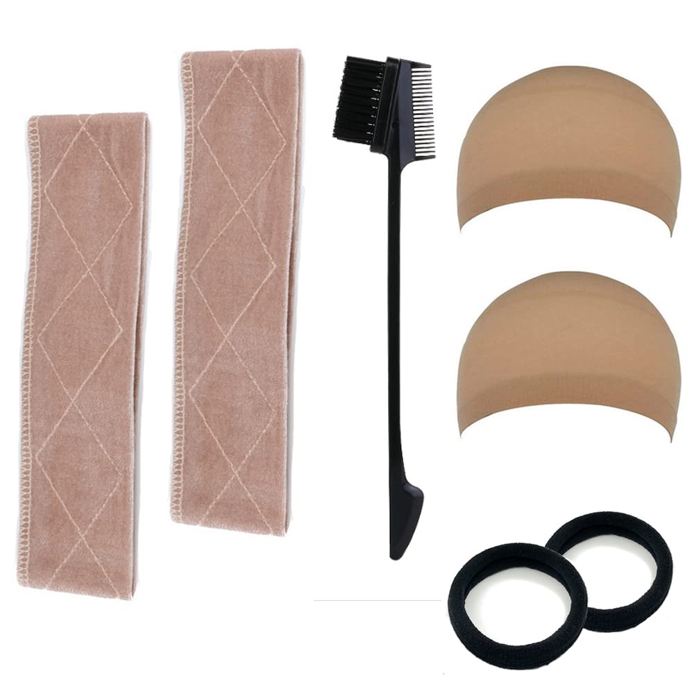 HOFANQIE Wig Grip Band Velvet Wig Grip No Slip Wig Band,2 In1 Eyebrow Brush  Eyelash Comb Multifunctional Makeup Tool Dual Use,Stocking Caps For Wigs  Stretchy Nylon Wig Cap Beige
