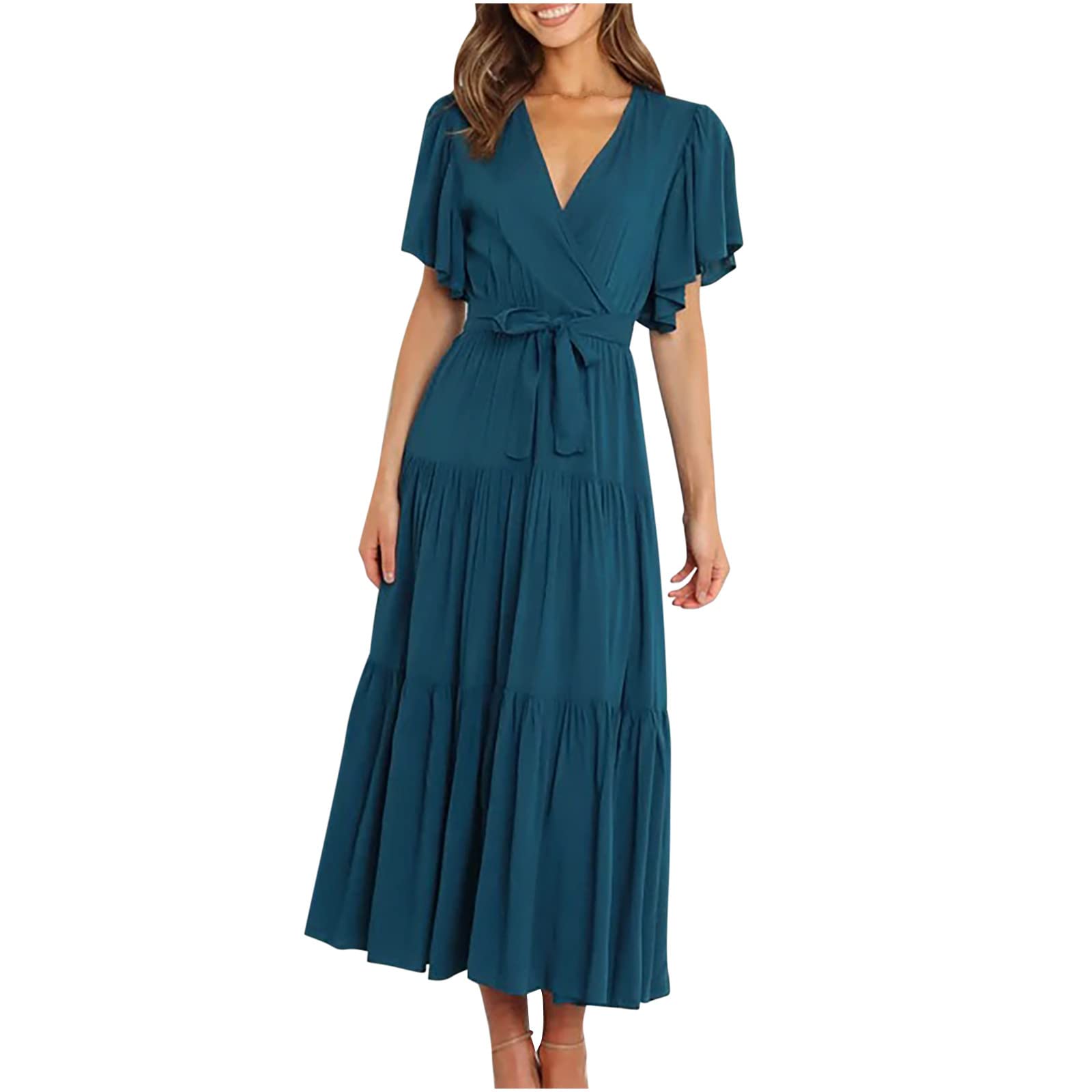 IN'VOLAND Women's Plus Size Bohemian Maxi Dress Cold Shoulder Ruffle Summer  Beach Party Dress Flowy V Neck Dress Blue Green at  Women's Clothing  store