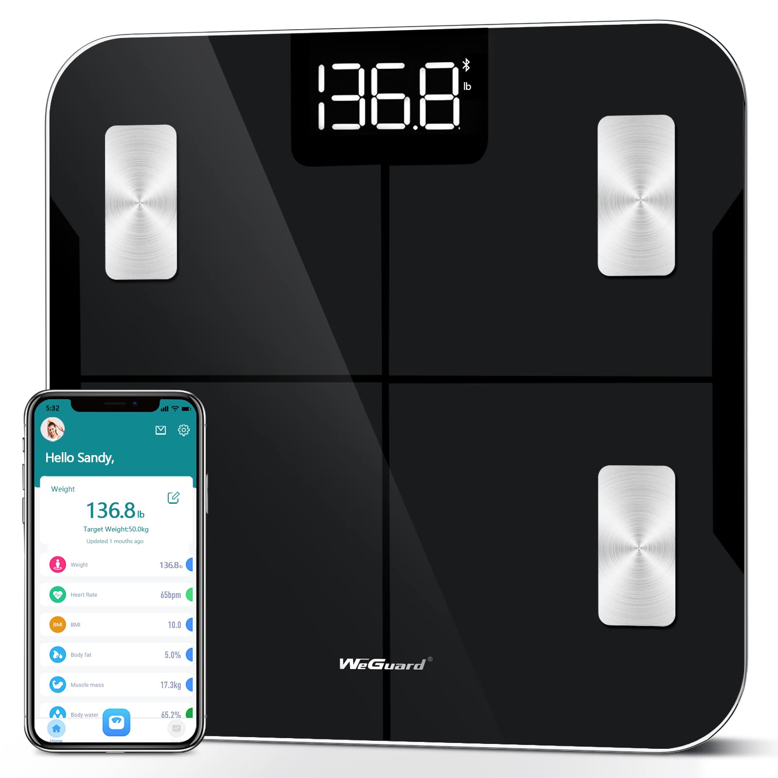 WeGuard Bluetooth Food Scale with App, Digital Smart Kitchen Scale, Glass,  Black