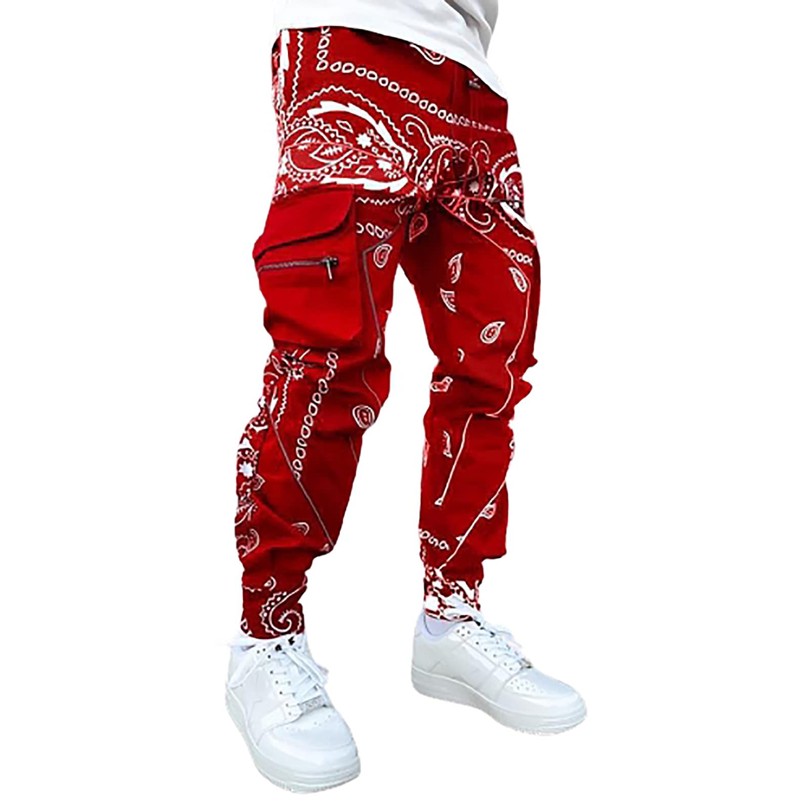 Men's Loose Overalls Trousers Night Reflective Casual Street Water  Resistant Ripstop Outdoor Pants Track Jogging Pants Red Large