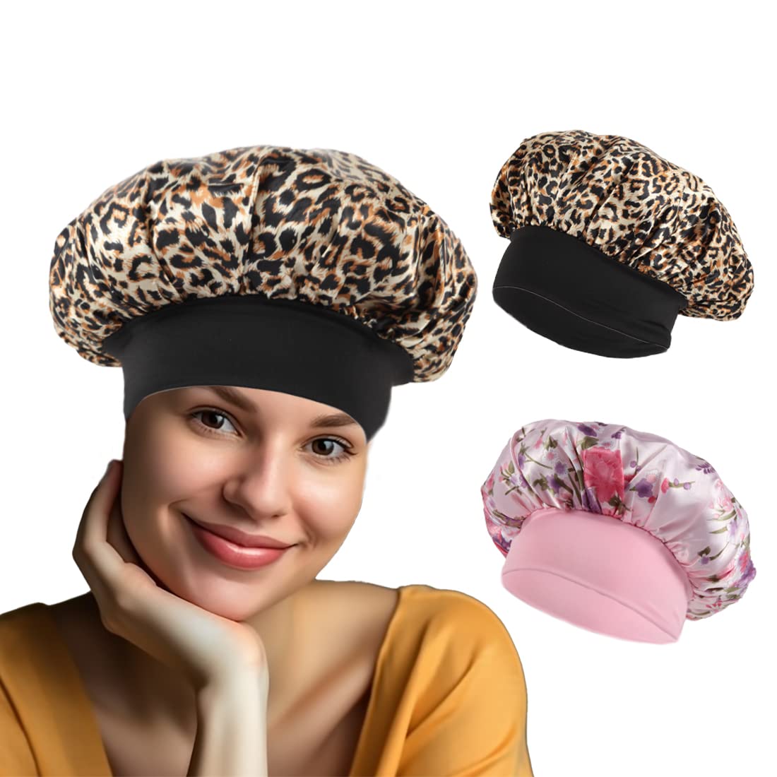 2Pcs Silk Bonnet for Sleeping, Satin Hair Bonnet for Sleeping, Soft Wide  Band Bonnets for Women Curly Natural Hair(Black+Leopard)