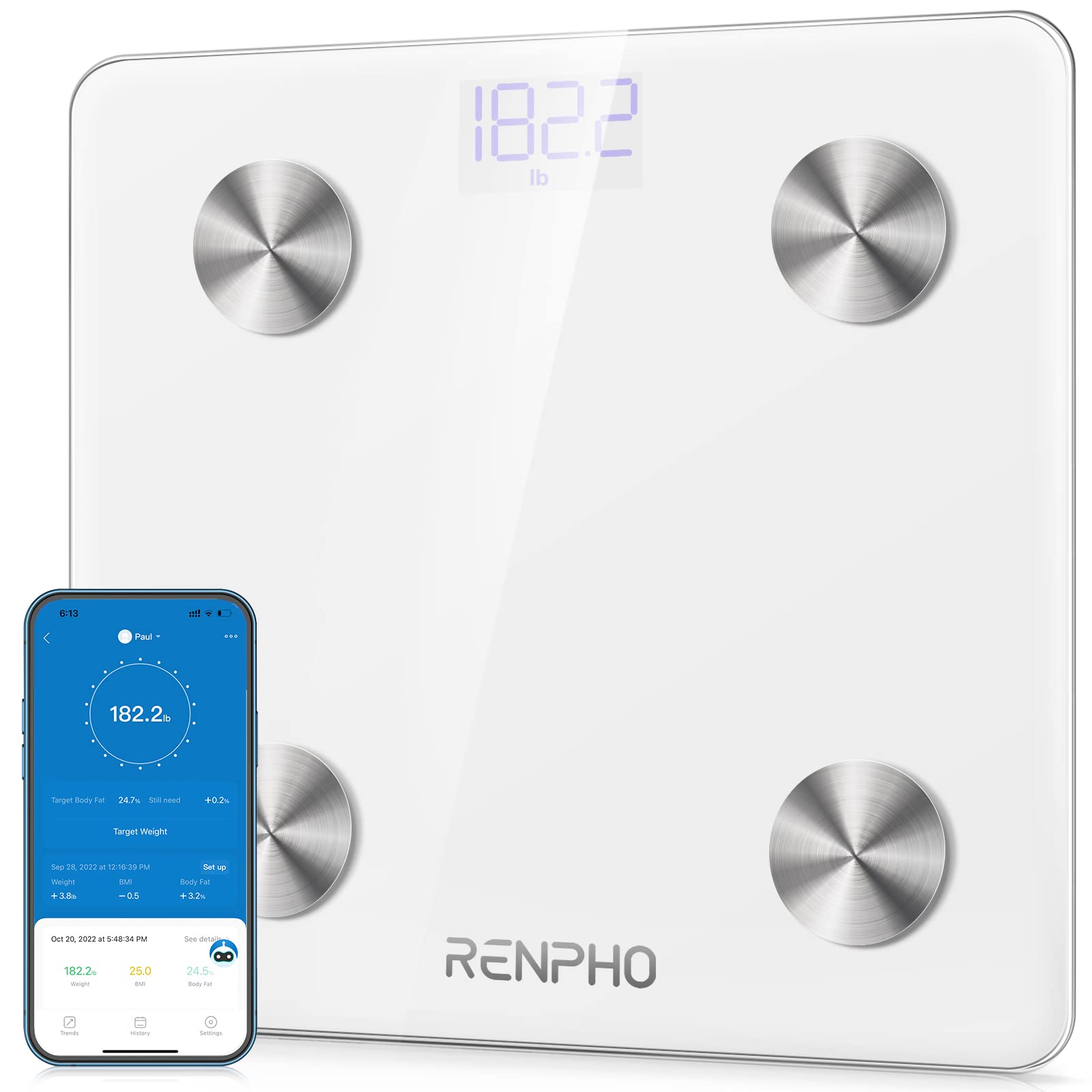 RENPHO Bluetooth Body Fat Weight Scale - Rechargeable Smart Scale