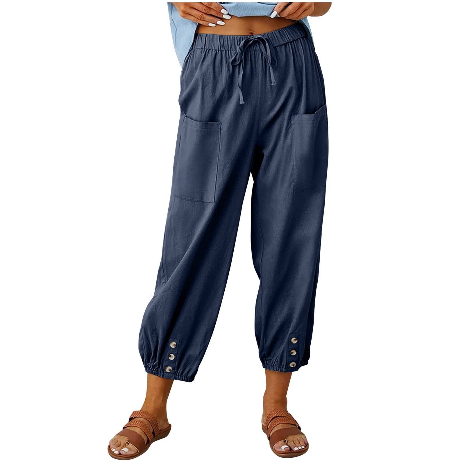 Women Linen Pants Elastic High Waist Wide Leg Palazzo Lounge Pants Casual  Loose Beach Pants with Pockets 