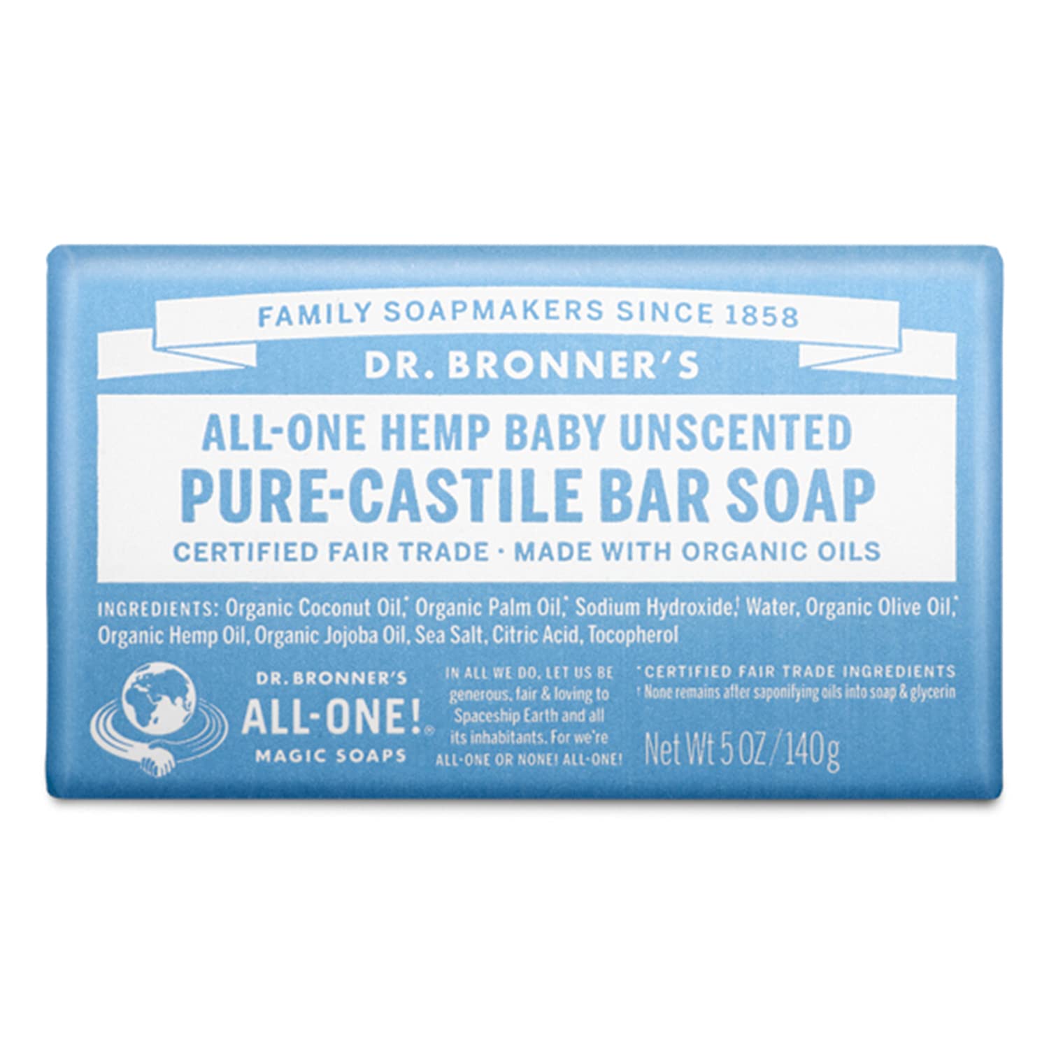 Pure-Castile Bar Soap Baby Unscented 140g, Dr. Bronner's